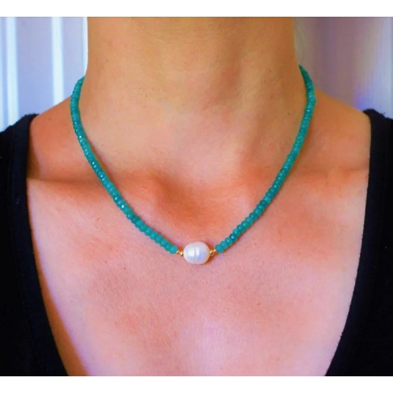 

Natural Faceted Green Emerald South Sea Pearl Yellow Gold Necklace Handmade