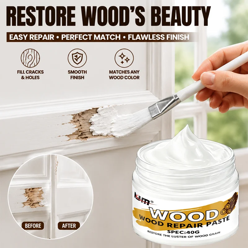 KJM Wood Repair Paste White Wood Filler Furniture Scratch Crack Hole Mending Compound For Doors Floors Cabinets Table Renovation