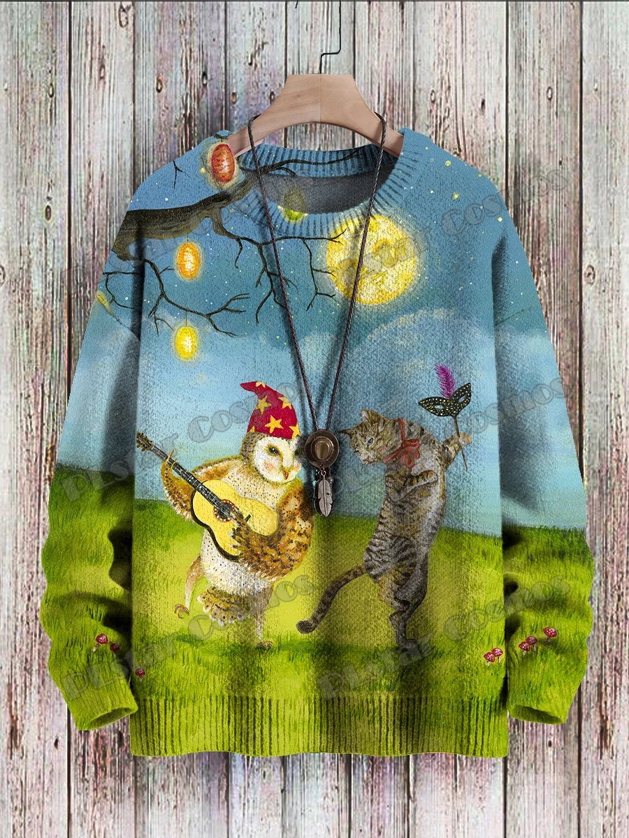 Pintura a óleo dos homens de malha Pulôver, Gato Ensolarado Padrão, 3D Impresso, Unisex Casual Camisola De Malha, Inverno, gola redonda, ZZM51