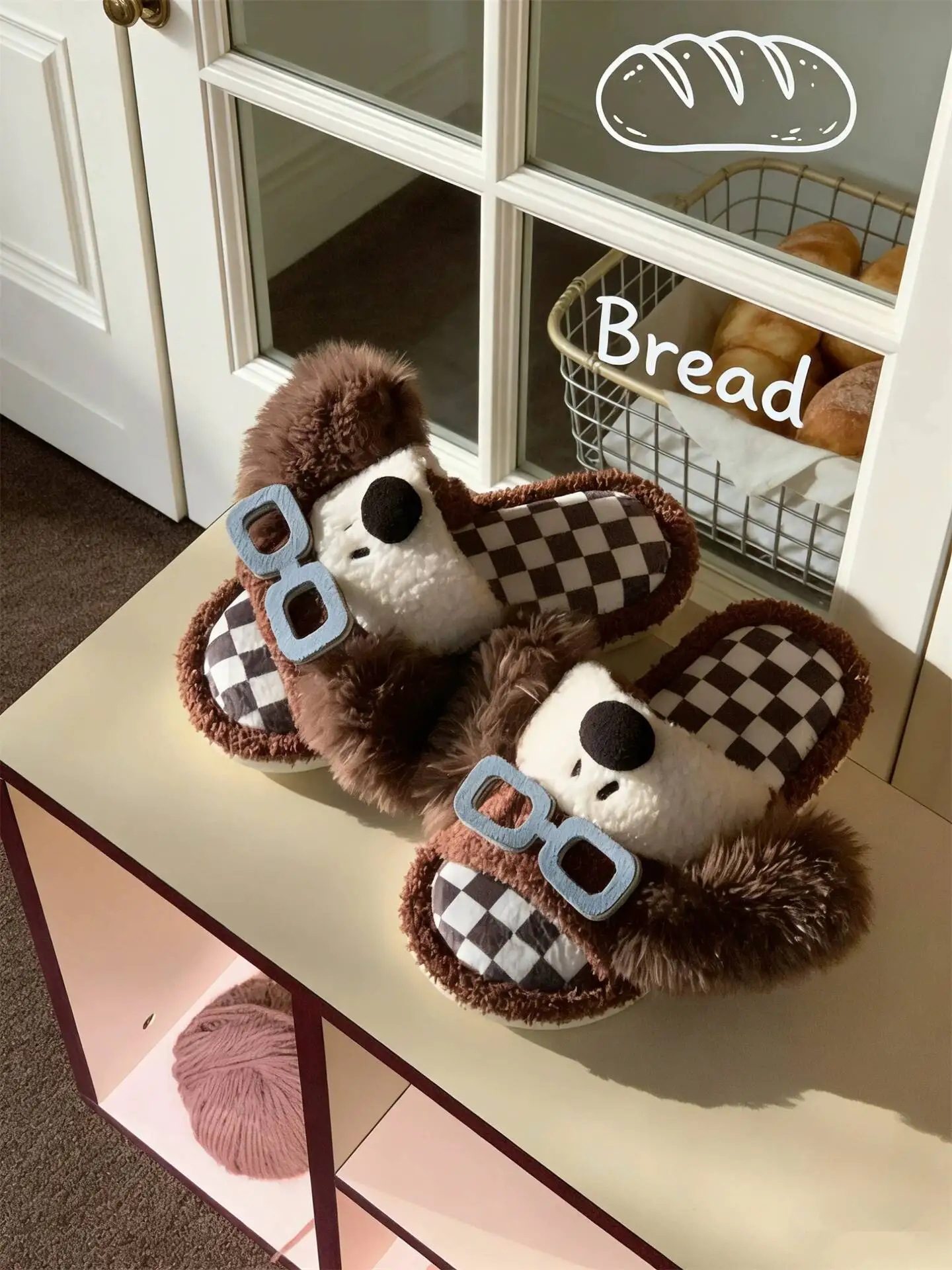 2026 Autumn Winter Couple Furry Slippers Funny Dog With Glasses Print Non Slip Indoor One Band Cotton Slides Ins Style Men Women view 3