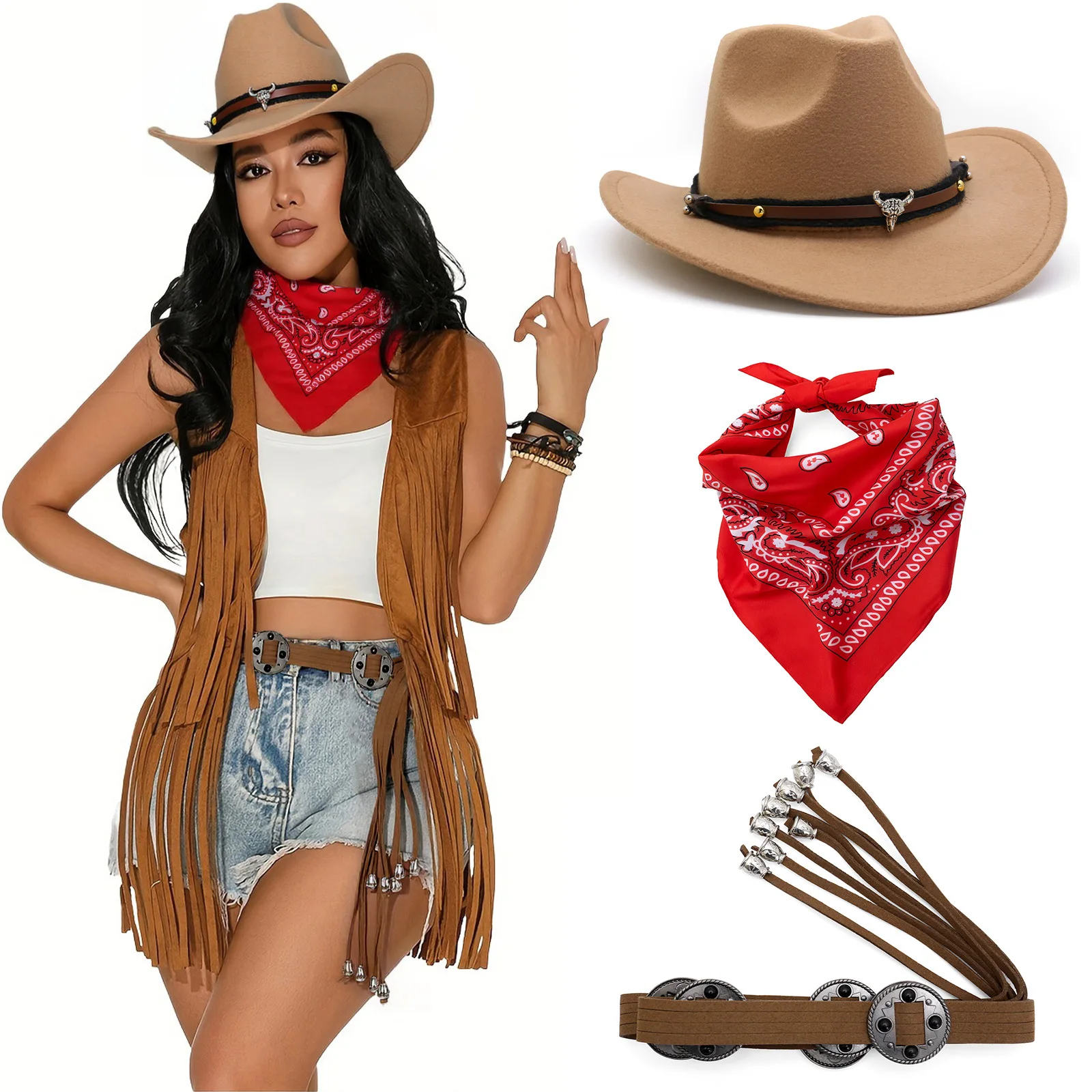 Women Western Cowboy Costume Set Fringe Cowboy Hat Bandana Belt 3Pcs Halloween Party Outfit view 6