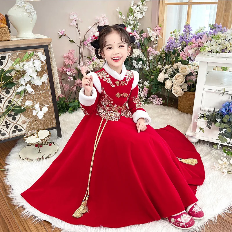 Vestido grueso de princesa Hanfu para niñas, ropa de Año Nuevo Chino, bordado de felicitación, Qipao, invierno, 2022