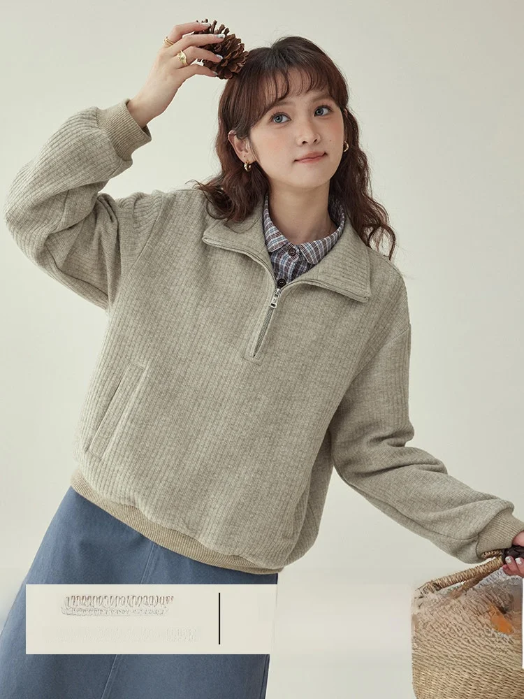 

AMUU Original Velvet Hoodie Women's Loose Fit Long Sleeve Zipper Half Open Shoulder Style Spring New Arrival Color