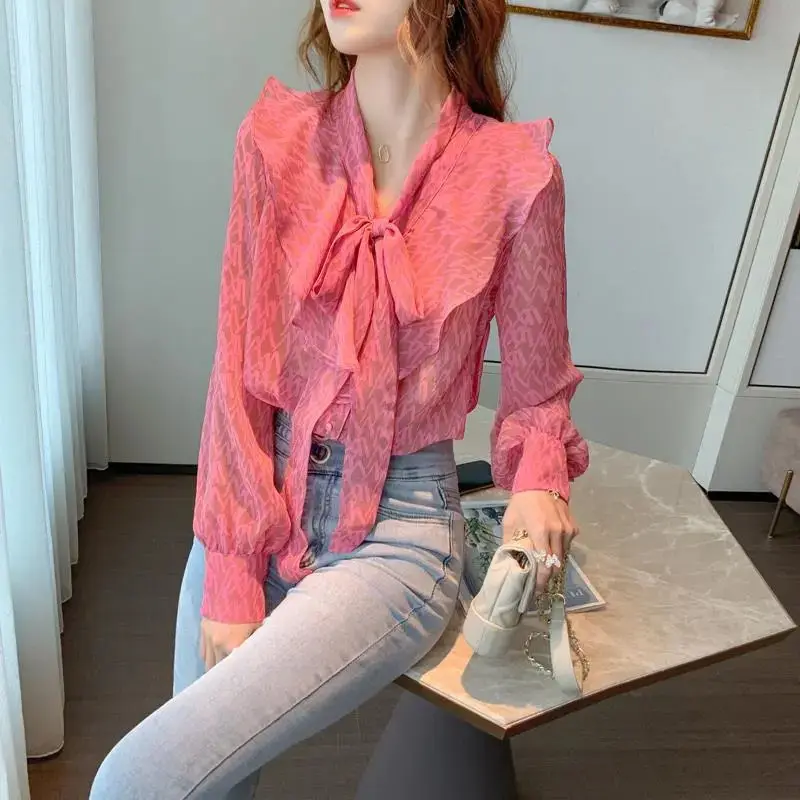 Chemises en mousseline de soie à manches longues pour femmes, col à volants doux, Wstring de proximité, nœud imprimé, pull tout match, printemps,