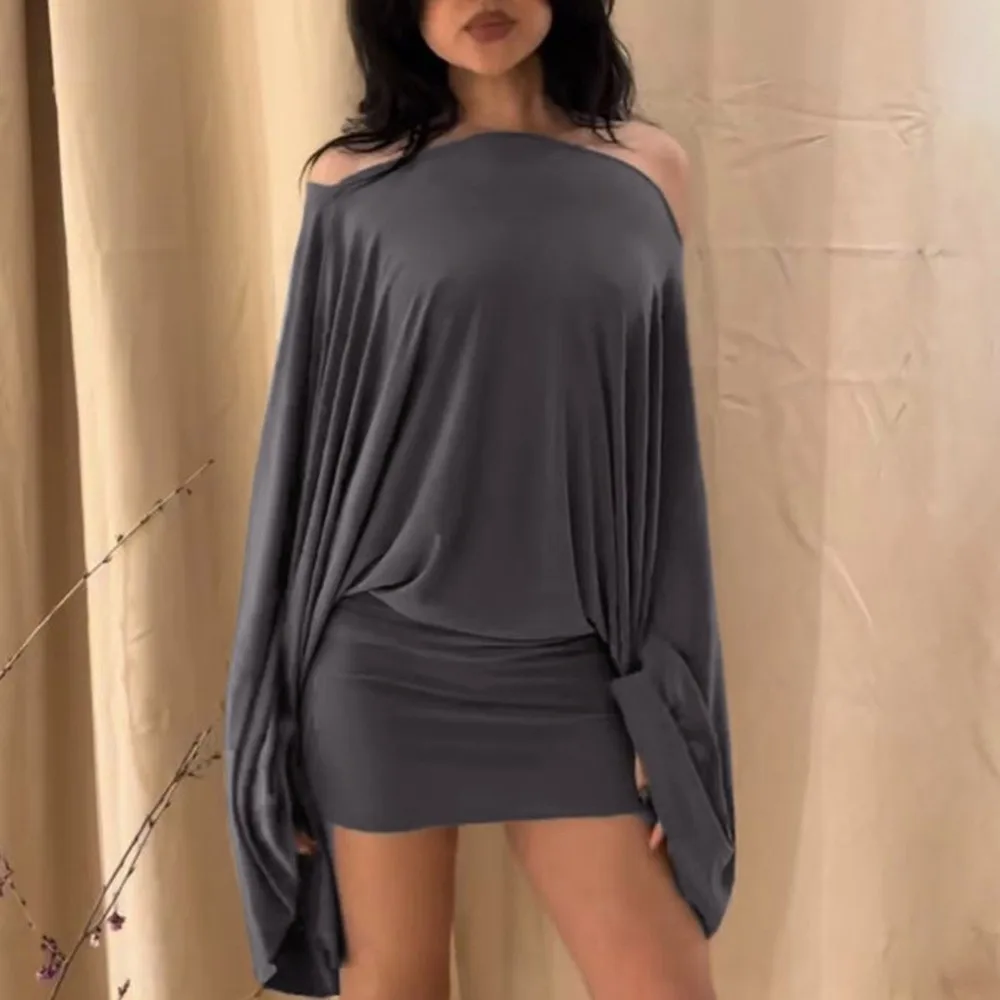 Fashion Sexy Bodycon Dress Long Sleeve Slim Fit Off Shoulder Dress Grey Simple Batwing Sleeve Dress Date Night