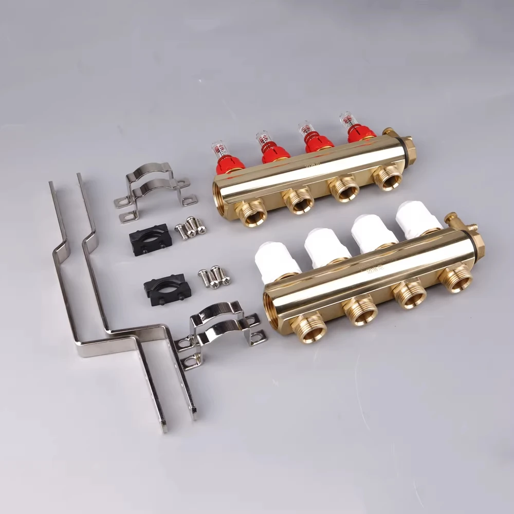 Brass profile floor heating manifold with visual float flow meter and adjustable temperature control