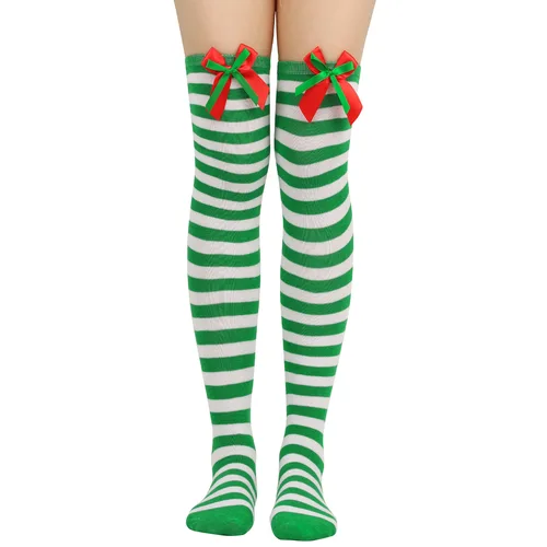 Imagen 2 del producto Nuevos calcetines navideños con lazo, medias hasta la rodilla con bola, adorno de manga larga, calcetines a rayas navideños para vacaciones, regalo