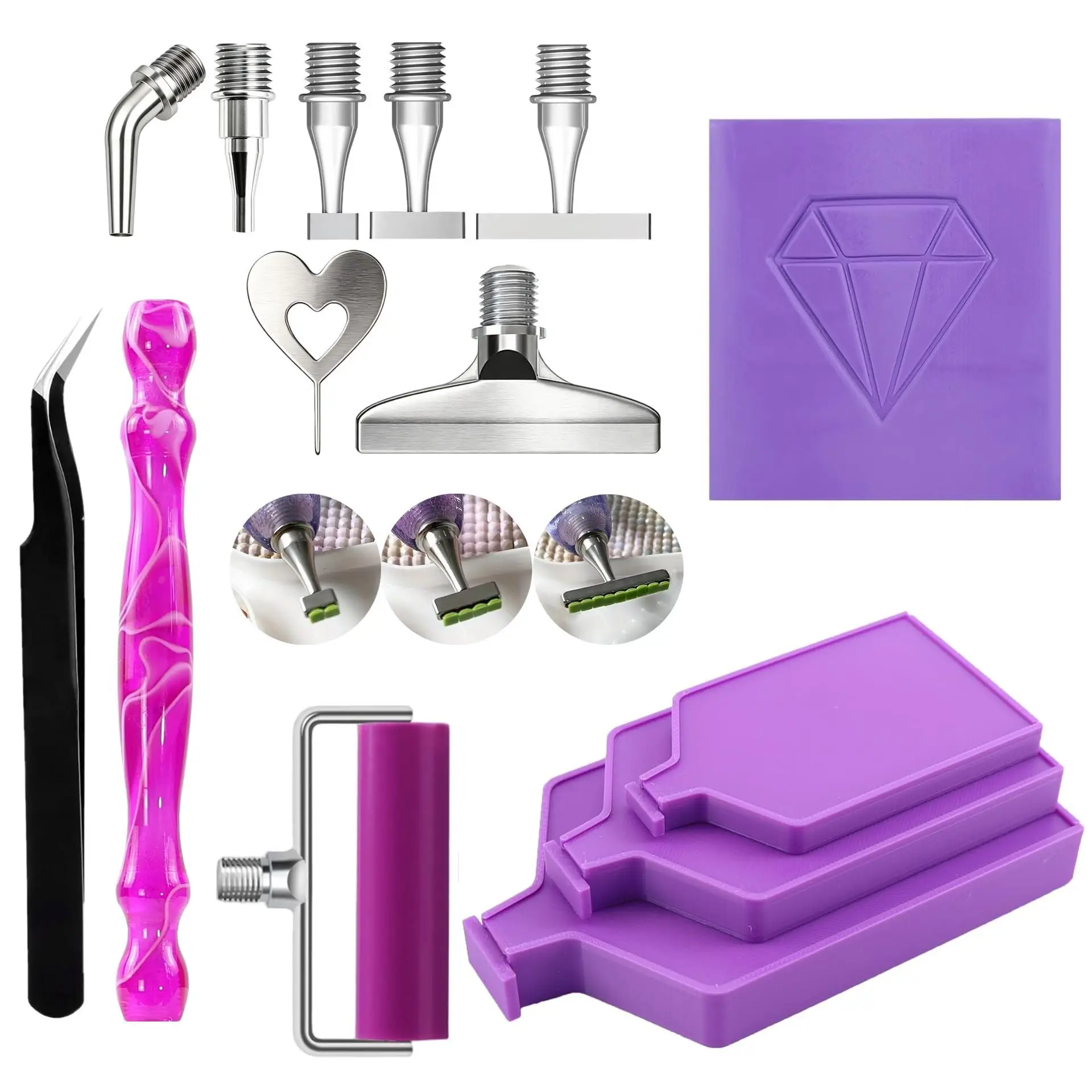 DIY Diamond Painting Dotting Pen Set, Includes 1/2/4/9 Tips and Angled Threaded Steel Pen Tips, Roller-Type Dotting Tool, 3-in-1 Storage Tray with Lid, Tweezers, and Square Dotting Film Tool Accessories