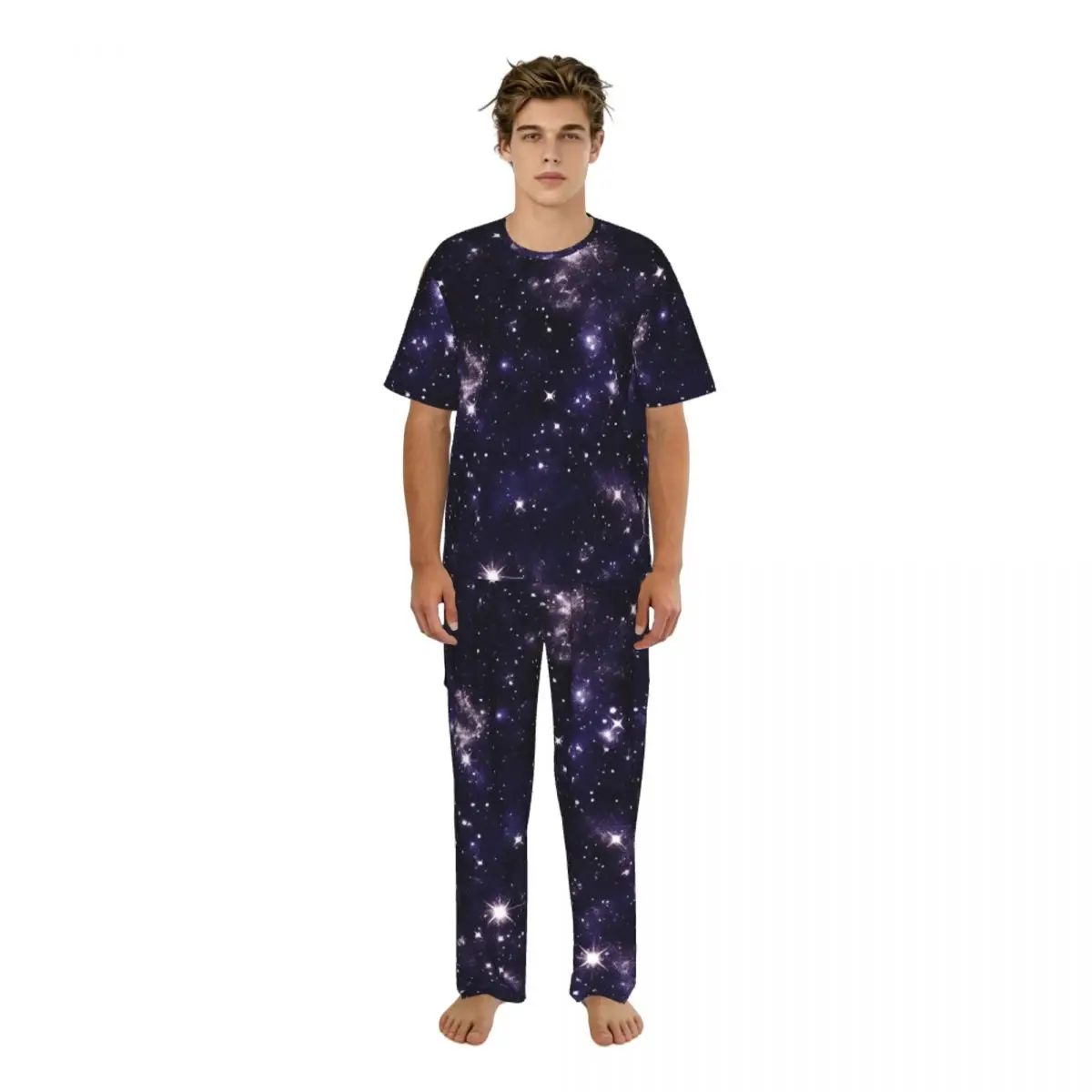 Men Pajamas Set Stars In The Night Sky Short Sleeve Spring Summer Lounge Sleepwear Male Nightwear