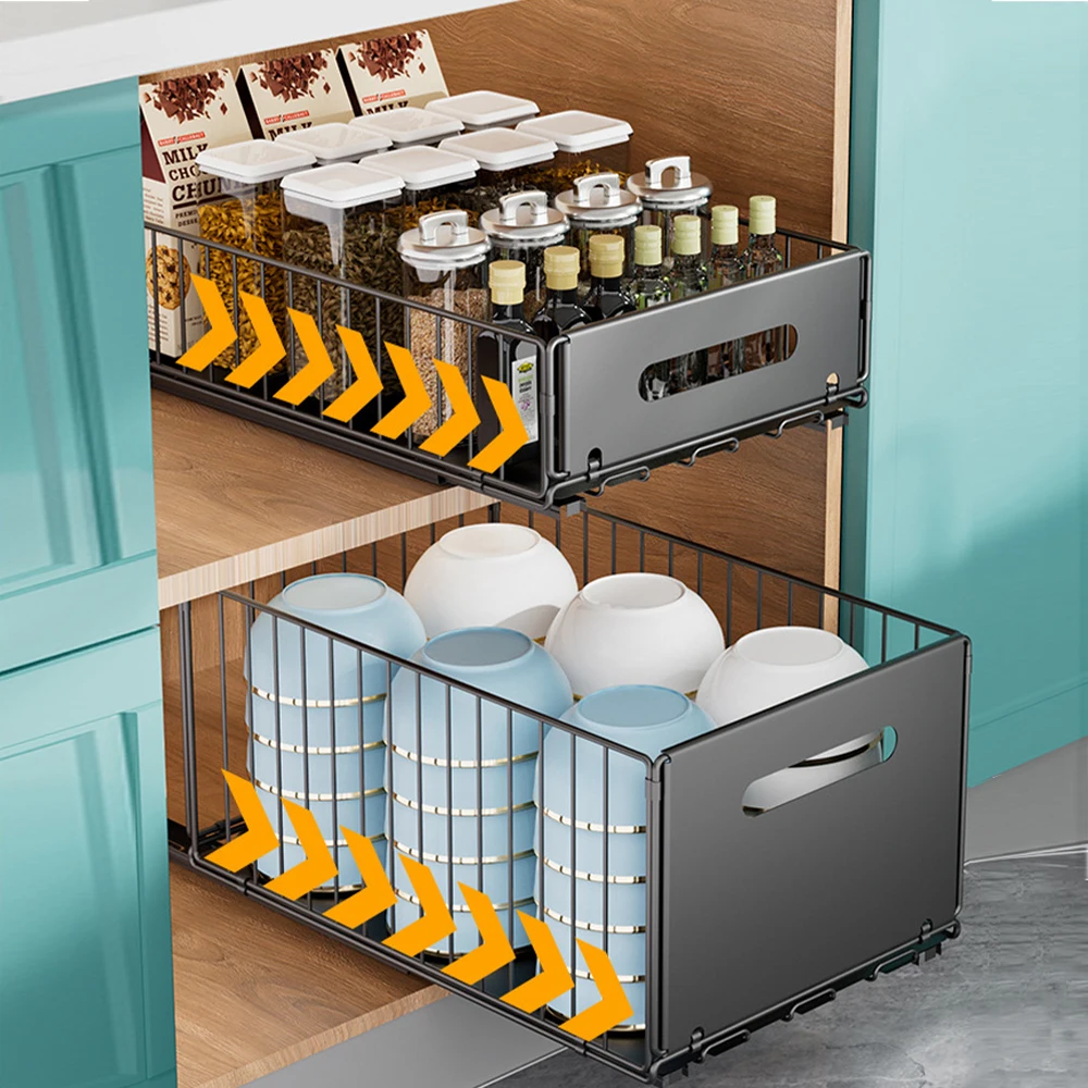 Lot de 2 organiseurs de placard coulissants en acier au carbone, avec rail coulissant silencieux pour tiroirs de cuisine et étagères de garde-manger