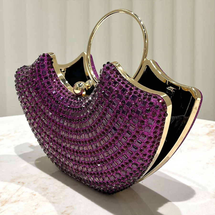 Purple shiny luxurious diamond ring handle handbag lady's evening bag for party dress wedding clutch purse chains shoulder bags view 5