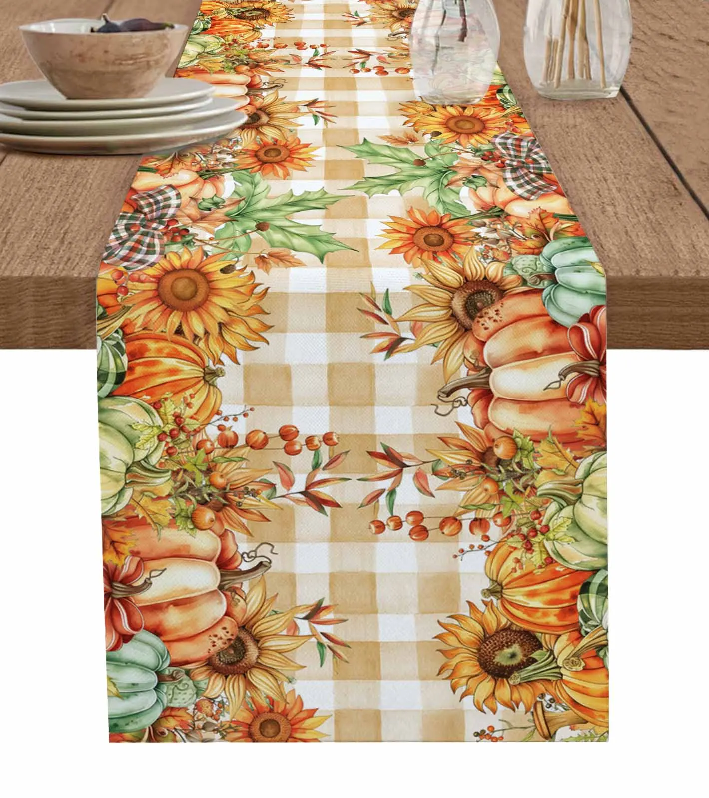 Thanksgiving Pumpkin Sunflower Bow Plaid Table Runners for Dining Room Home Decoration Tablecloth 4/6 Pcs Placemats Table Cover