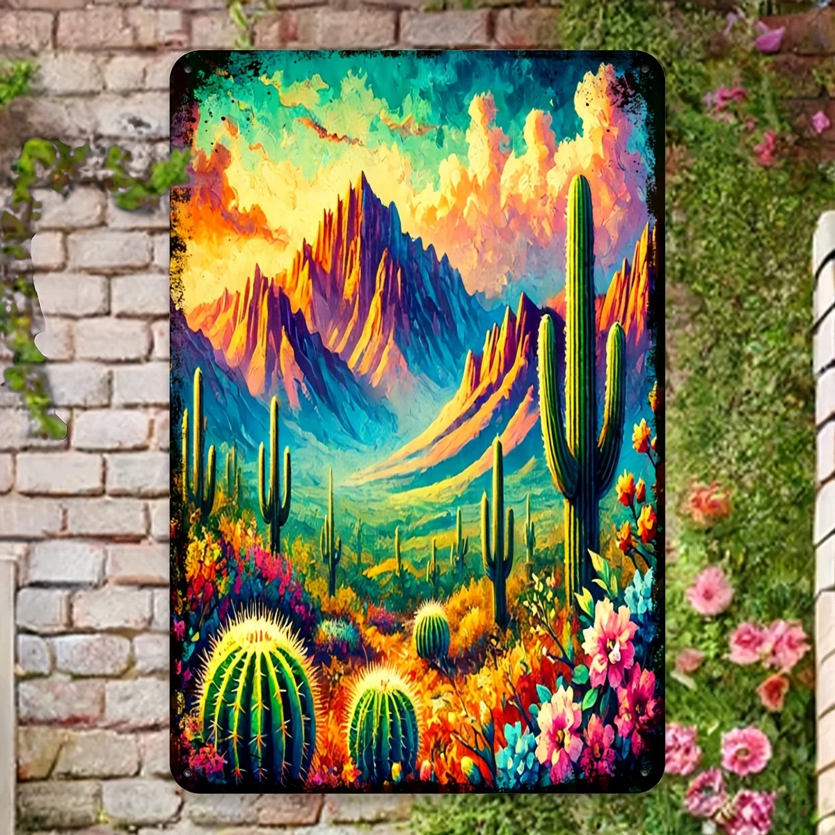 

Vintage Desert Landscape Metal Tin Sign for Home Bar Cafe Office Iron Wall Art -8x12 Inch Cactus with Mountain Scene Decoration