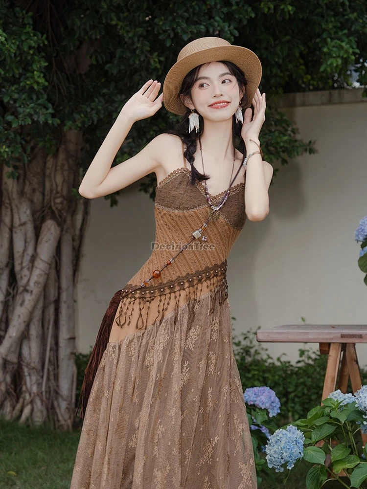 

2024 boho style halter dress female summer vintage style fringe lace ethnic style sleeveless long dress cape two-piece set w657