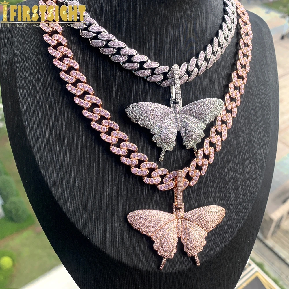 

Iced Out Rose Gold Color Pink Butterfly Necklace Pendant for Men Women 12MM Cuban Chain Cubic Zirconia Charm Hip Hop Jewelry