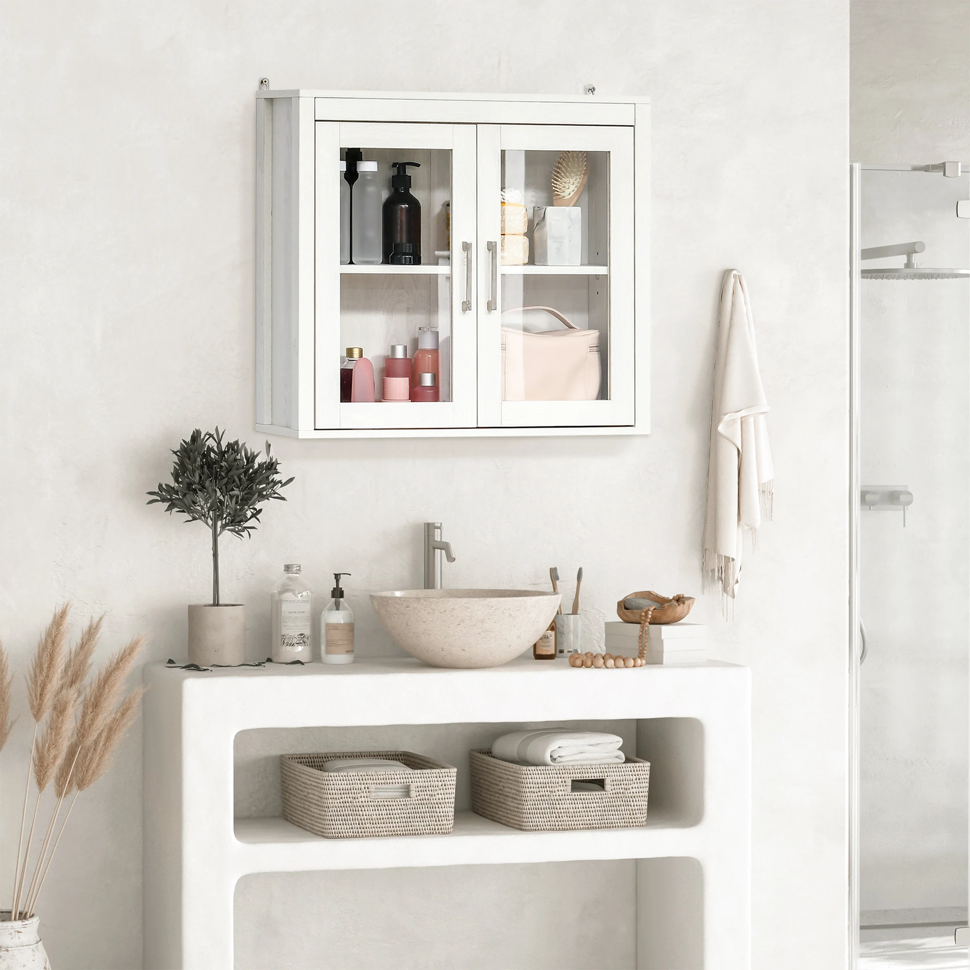 kleankin Armario de Baño de Pared con 2 Puertas de Vidrio 60x19,5x54 cm Blanco