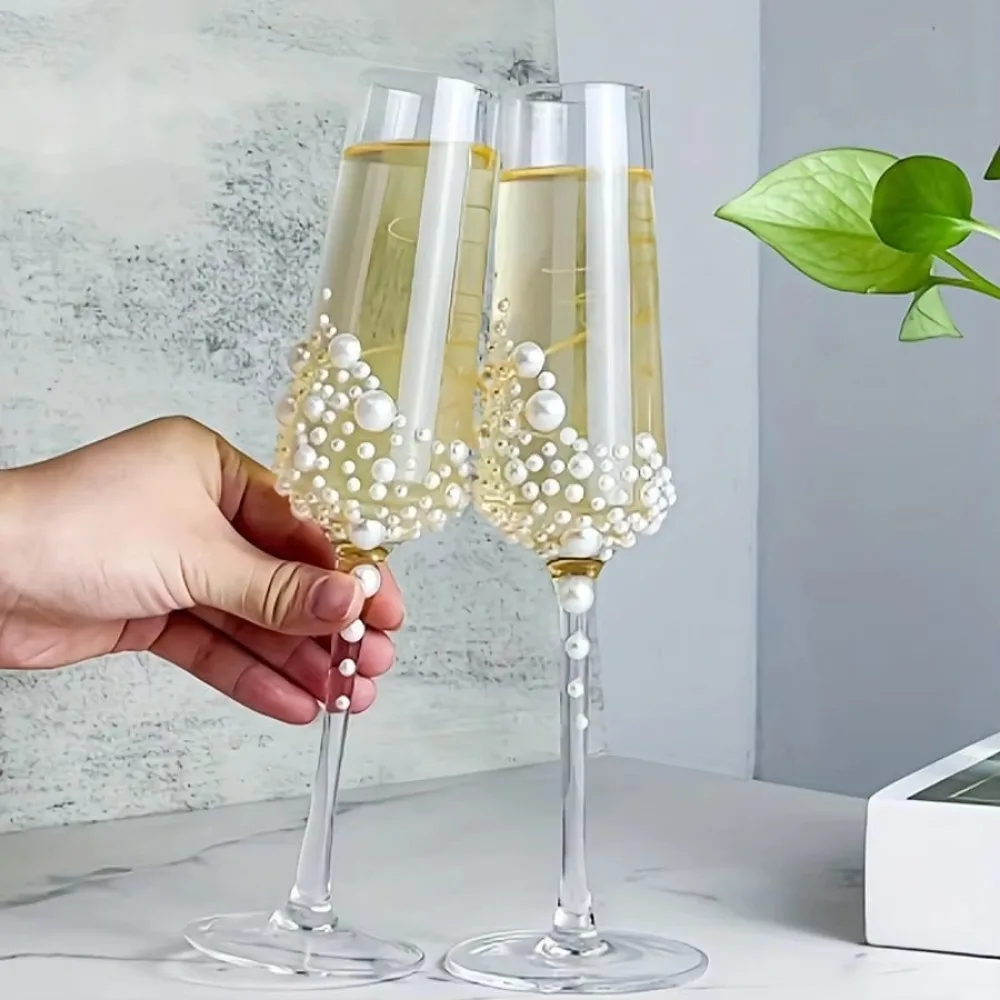 Elegant Crystal Pearl Champagne Glass Transparent Handwriting Design Goblet Wedding Anniversary Christmas Party Drinkware