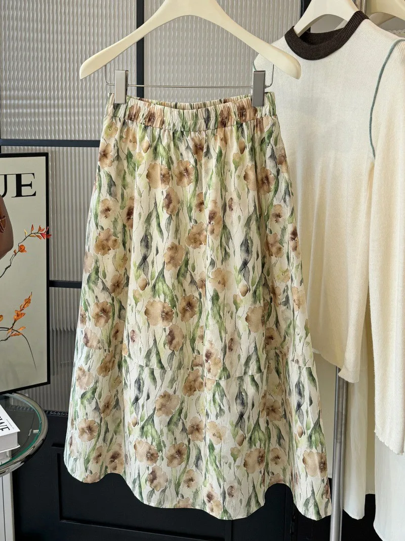 

Ретро розовая картина маслом с цветочным принтом, женская весенняя эластичная юбка с высокой талией, свободные пышные повседневные юбки трапециевидной формы, удобные повседневные юбки