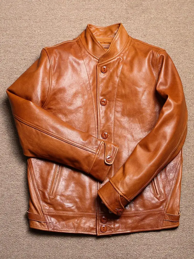 Jaqueta Retrô Masculina de Couro Genuíno Einstein Wax Dye com Gola Alta, Camada Superior de Pele de Cabra, Casaco Curto Marro...