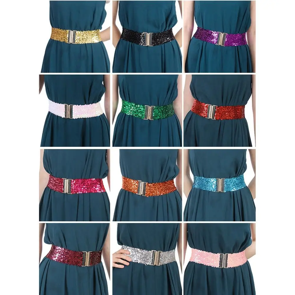 Professional Elastic Sequin Stretch Belt Eye Catching Gold Buckle Shinny Waistband 60cm Wide Waist Belt Women Girl