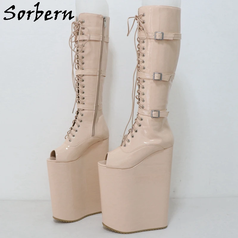 Sorbern Nude Patent Boots Women 25Cm Wedge High Heels Open Toe Knee High Boot Unisex Buckle Straps Fetish Drag Queen Shoes