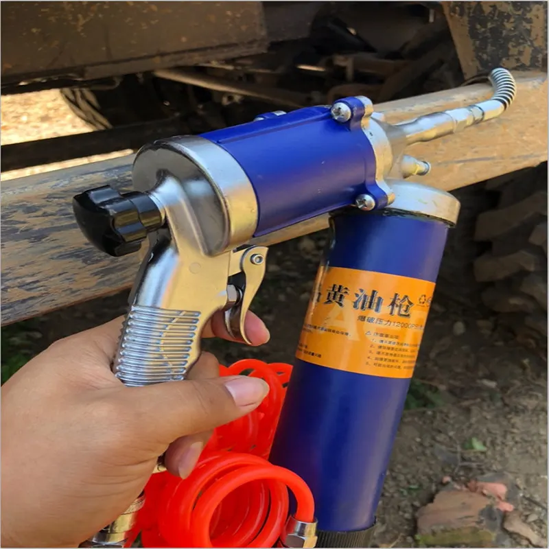 

Heavy Duty Air Grease Gun 600ml, Burst 6000-8000 PSI, Transparent/Steel Barrel, for #1-#3 Grease, Ergo Grip