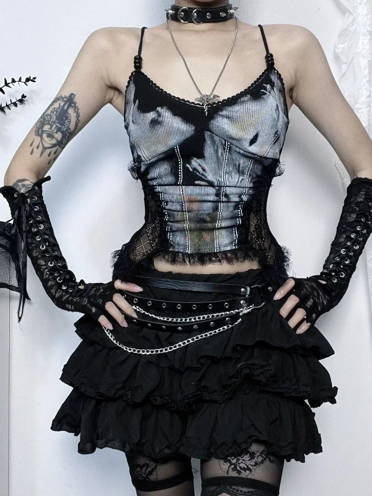 New Punk Grunge Fairy Y2K Tops Gothic Dark Style Sexy Lace Patchwork Printed Glass Bead String Strap Top for Women