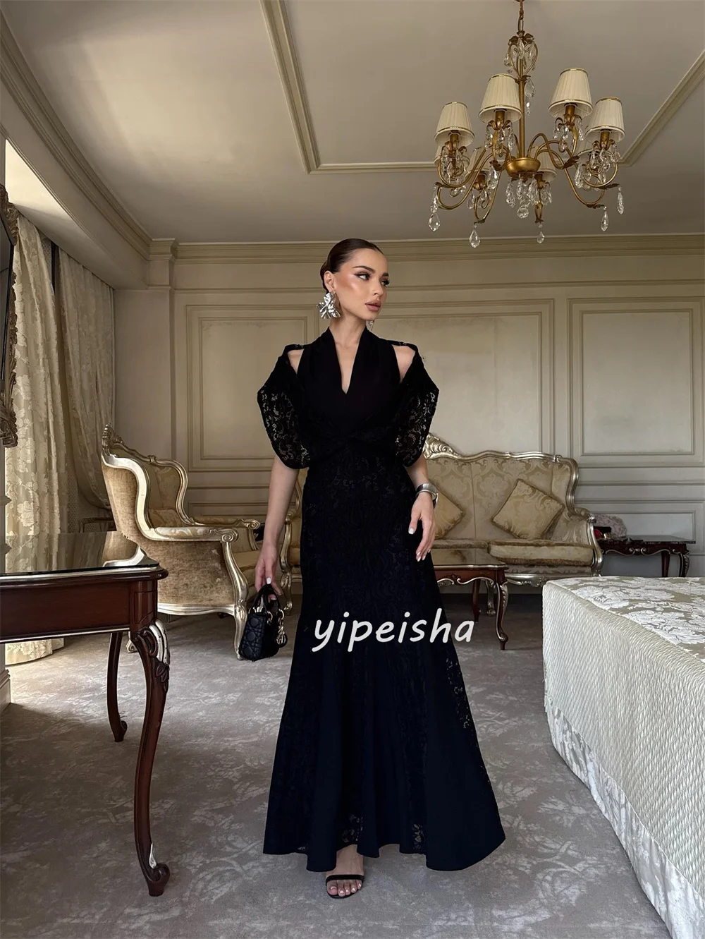 ชุดเดรสยาวแฟชั่นคุณภาพสูงแบบกำหนดเอง ผ้าเจอร์ซีย์แต่งระบายลูกไม้ ทรงตรง เปิดไหล่ ชุดเดรสสำหรับโอกาสพิเศษสั่งตัด คลาสสิก เซ็กซี่