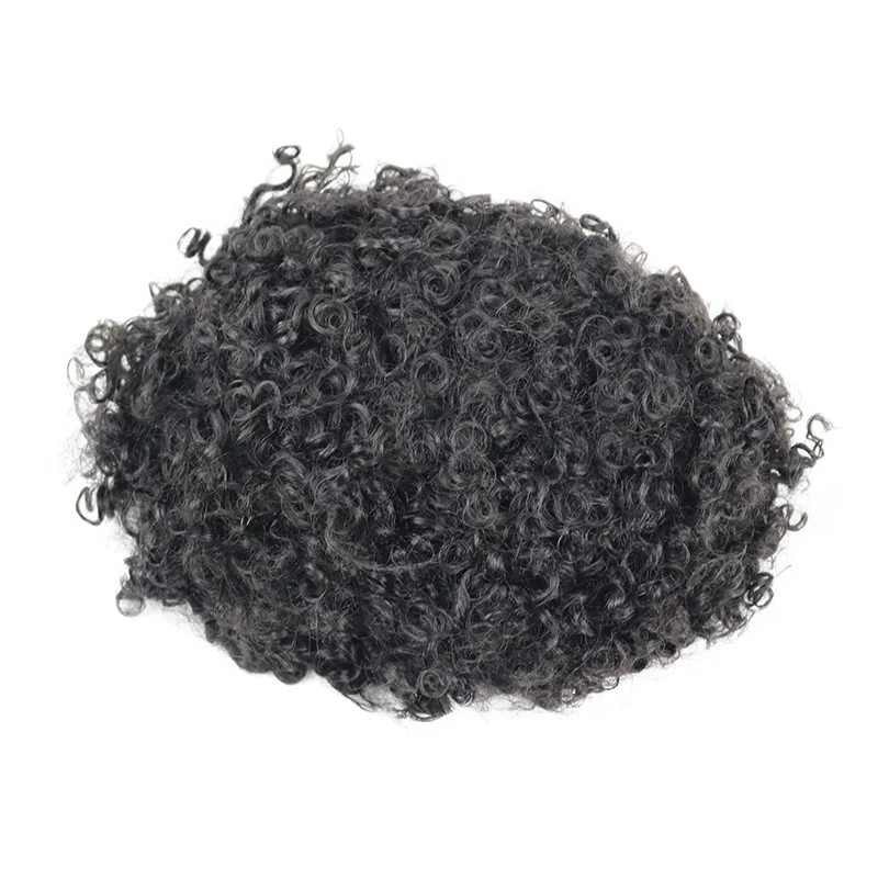 Toupet de cheveux humains bouclés noirs de jais pour hommes, délié naturel, base en PU pleine peau, système de prothèse capillaire, qualité supérieure, 12mm