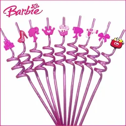 Miniso Barbie Series Straw Party Reusable Children Cartoon Plastic Creative Bending Straw Anime Decoration Christmas Supplies