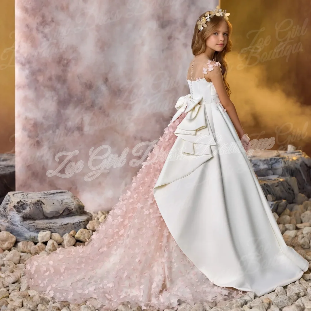 Elegant White Tulle Strap Flower Girl Dress Back Bow Pink Floral Trailing Gown for Wedding First Communion Birthday Customized