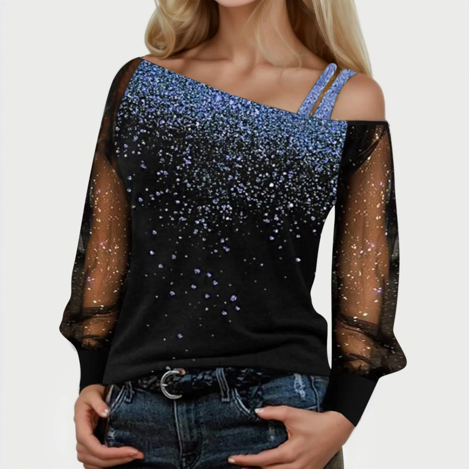 One Shoulder Off Shirt For Women Sequin Gradient Print Blouse Sheer Mesh Long Sleeve Tops Casual Loose Blouses Female Shirts