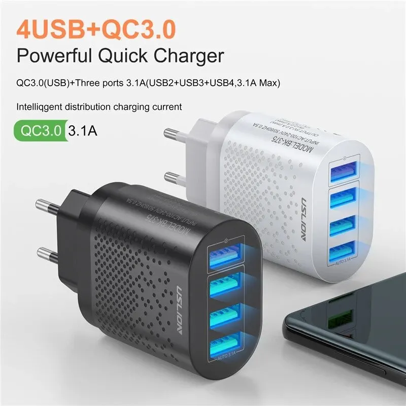 USLION EU/US Plug USB Charger 3A Quik Charge 3.0 Mobile Phone Charger For iPhone 14 Samsung Xiaomi 4 Port 48W Fast Wall Chargers