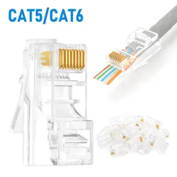 50/100pcs Pass Through RJ45 Cat6/Cat5e Connectors Crystal End 8P8C Crimp UTP Standard Ethernet Network Modular Plug