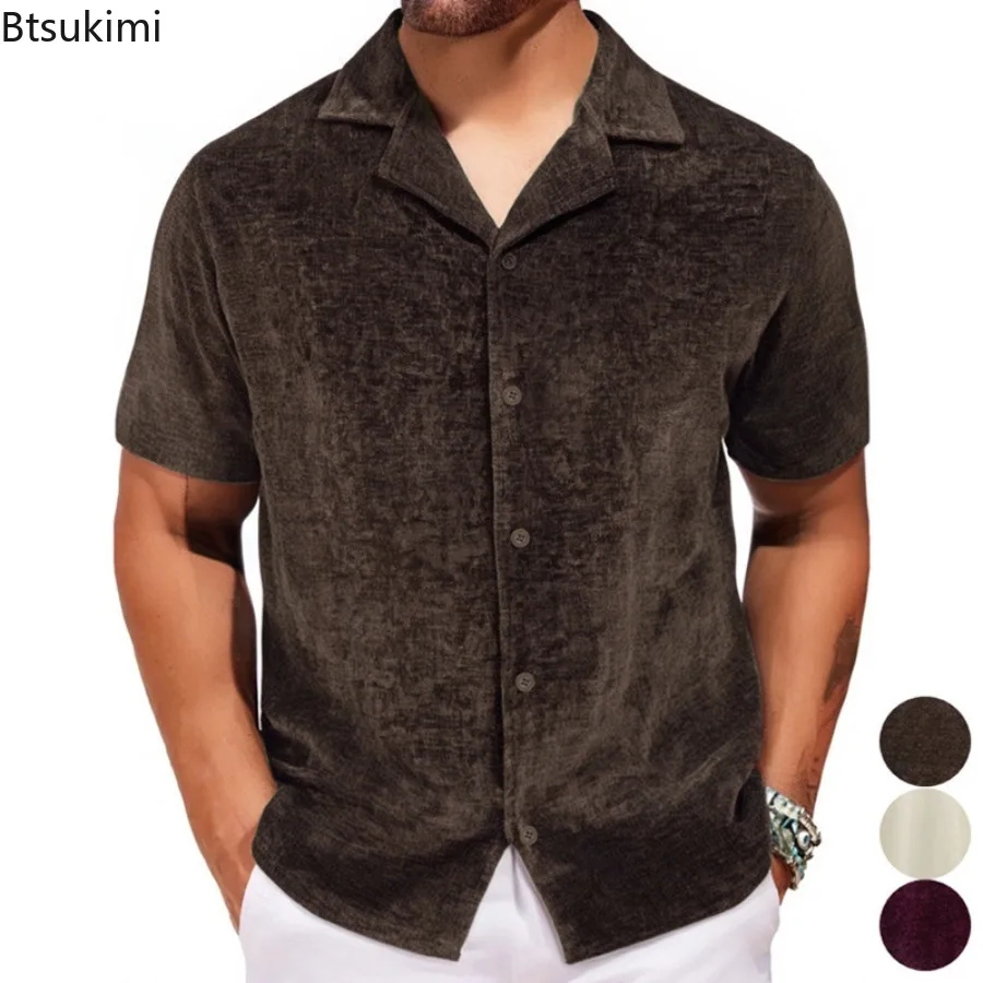 New 2025 Men's Summer Top Textured Suit Collar Short Sleeve Shirt for Men Fashion Streetwear Casual Loose Solid Color Shirt Male