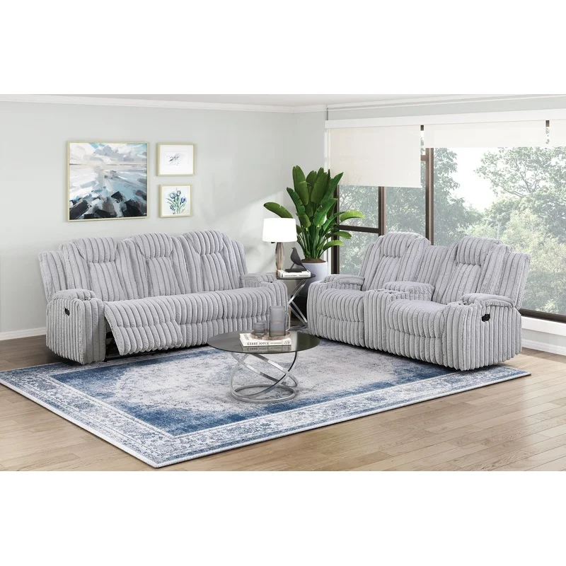 

Light Gray Reclining Sofa 2-Piece Set with Storage Console and Cup Holders, Premium Corduroy Living Room Furniture