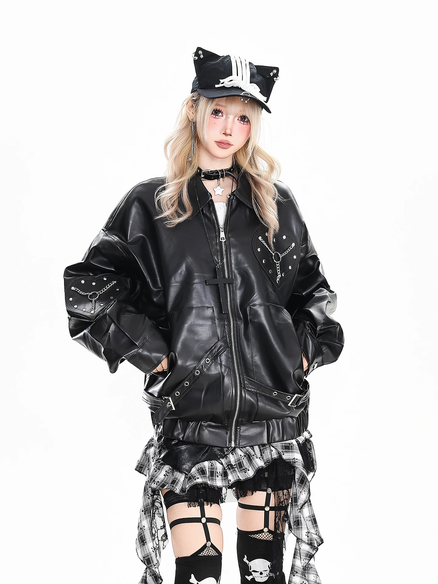 YO Retro Y2K Orange Jelly Girl Jacket Loose Fit Turn-down Collar PU Leather Coat for Women Autumn Winter Design Slimming Oute...