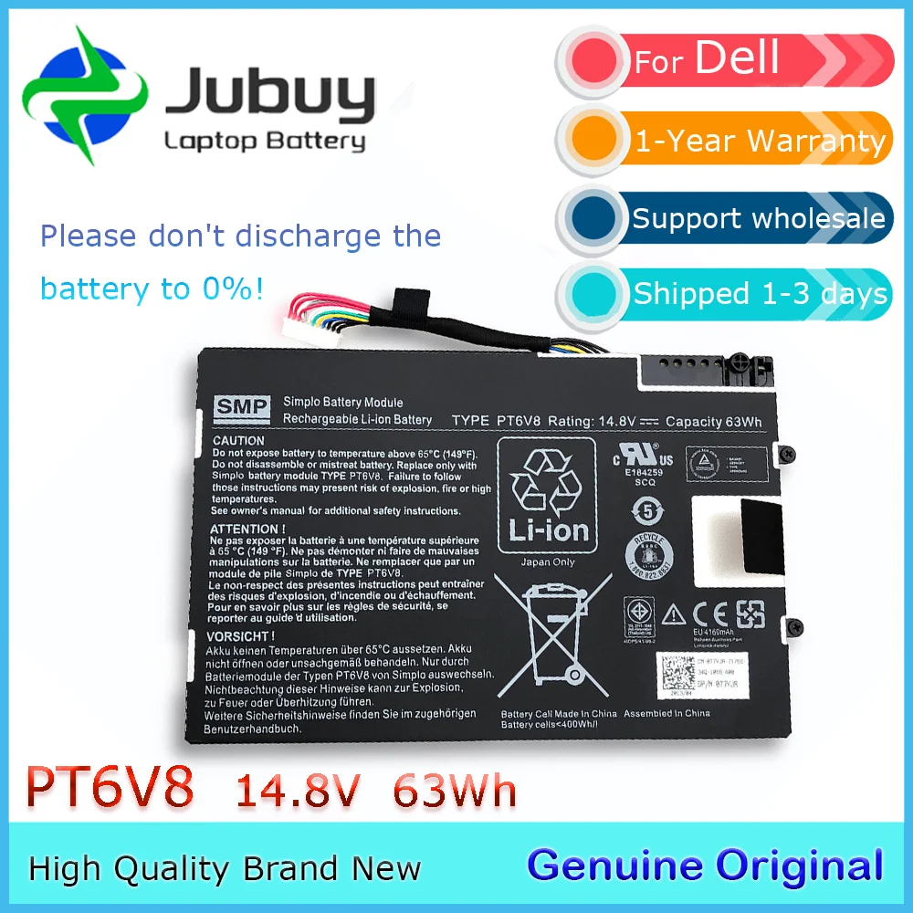 PT6V8 14.8V 63Wh Original Laptop Battery for Dell Alienware M11x M14x R1 R2 R3 T7YJR 8P6X6