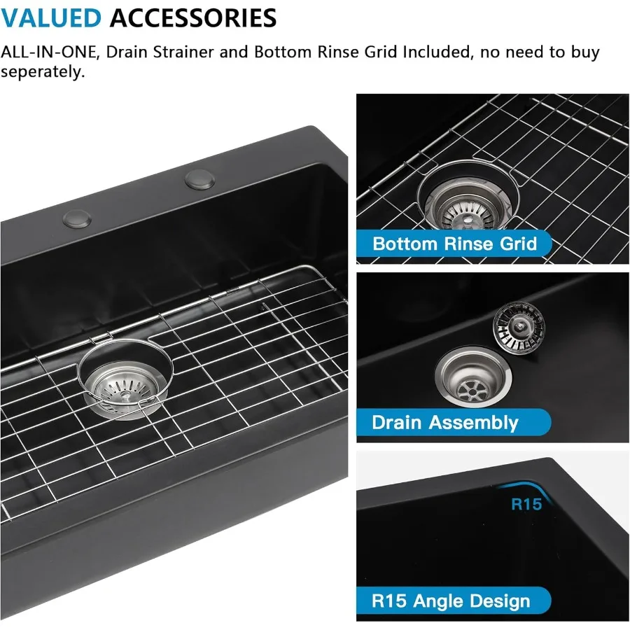 33 حوض مطبخ مركب من الجرانيت - 33 × 22 حوض حوض حوض كوارتز أسود غير لامع مع سطح علوي لتجديد المطبخ الحديث