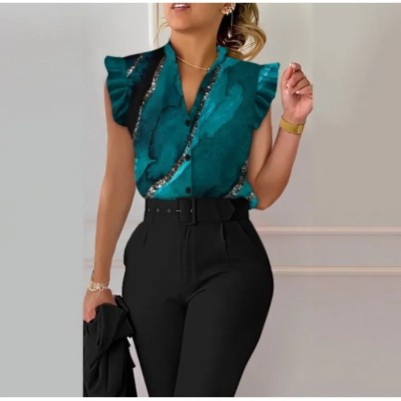 Elegant Women Blouse Fashion  Shirts 2023 Summer V-neck Button Petal Sleeve Printed Shirt Office Commuter Female Tops S-XXL