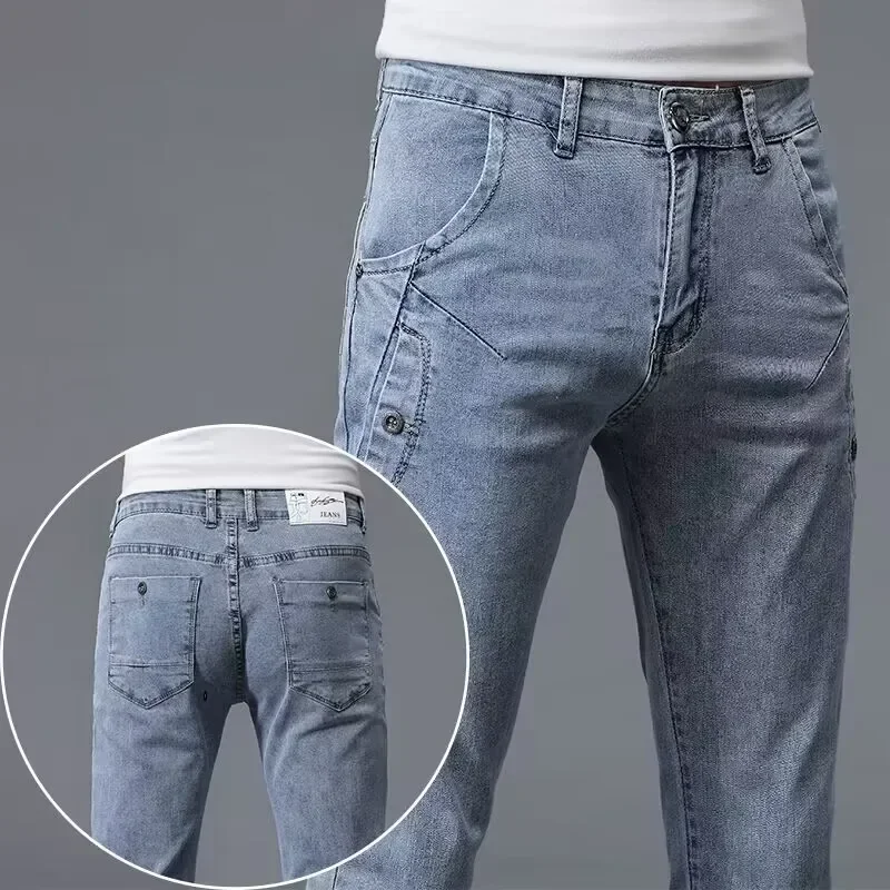

2024 New Men's Skinny Jeans Blue Gray Cotton Elasticity Straight Pencil Foot Slim Fit Fashionable Casual Denim Long Pants Male