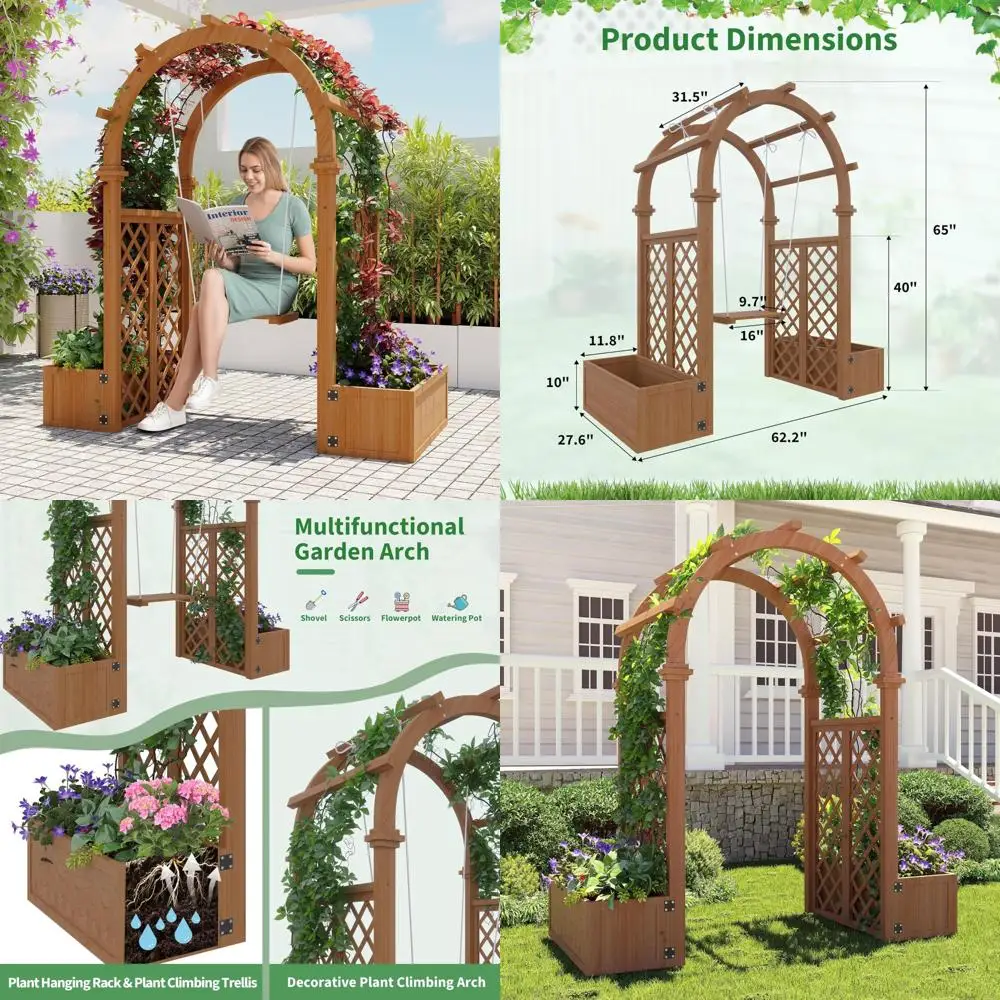 

Деревянная садовая беседка для улицы с кашпо-боксами, качелями и решеткой для перголей для вьющихся растений и лоз