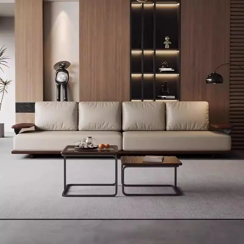 

Black walnut sofa modern minimalist leather sofa villa straight row four light luxury sofa living room furniture