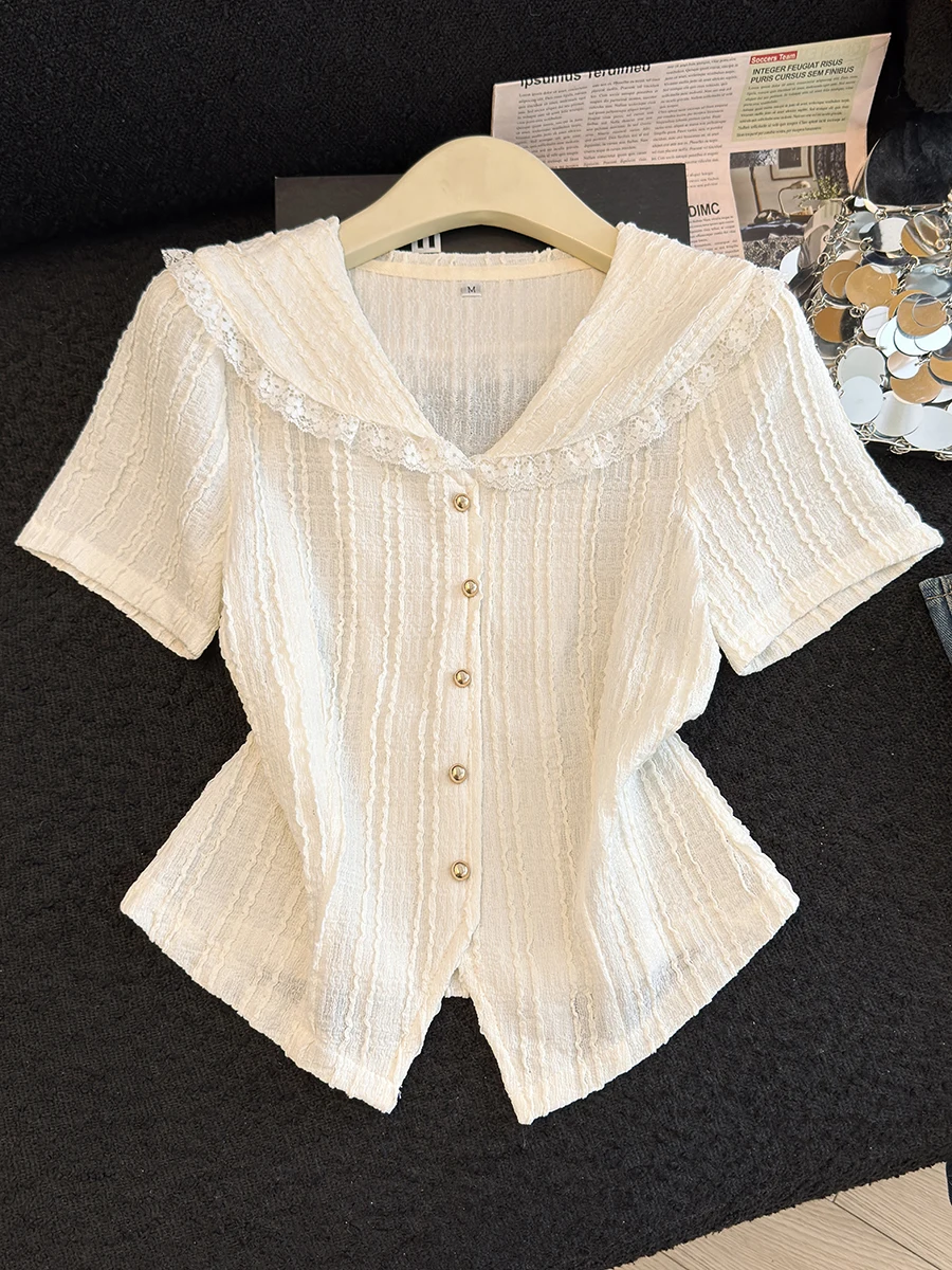 

Summer Chic Lace Doll Collar Short Sleeve Shirt Women's Fashionable Waist-Cinching Top Asymmetrical Korean Style Loose Fit