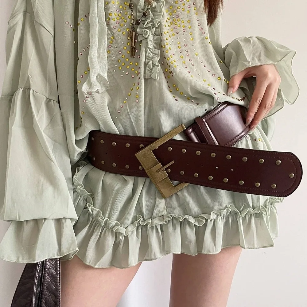 Plus Size Wide PU Leather Belt Heavy-Industrial Design Western Cowboy Style Rivet Waist Belt Rivet Patchwork Trendy Punk Style