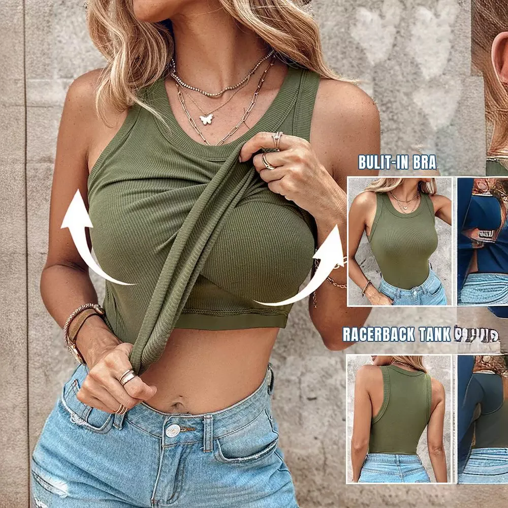 Fashion Tank Top Women Clothing Summer New 2024 Round Neck Ribbed with Bra Pads Casual Solid Color Sleeveless Tops for Female