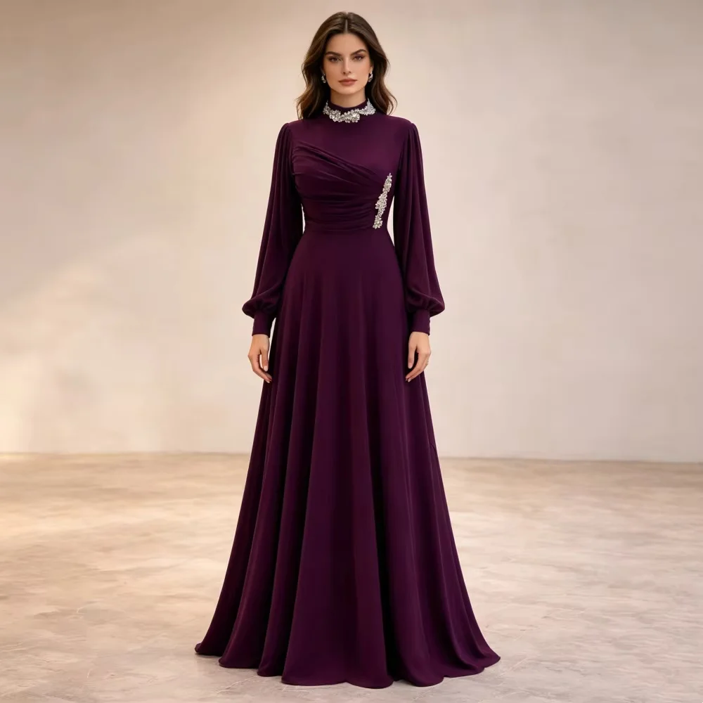 Modest maxi gown with stand collar and long puff sleeves, fitted waist and flowy A-line skirt. Custom size and color available.