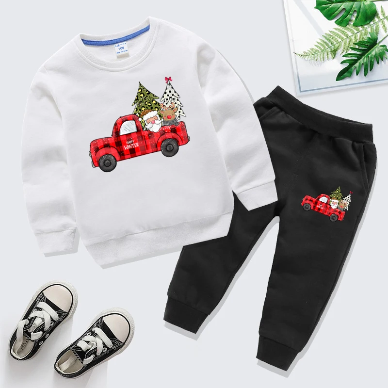 Christmas Kids Sports Suits Farm Truck Santa Claus Elk Graphics Sweatshirt Jogging Pants 2pcs Set Cartoon Boy Girl Xmas Outfits