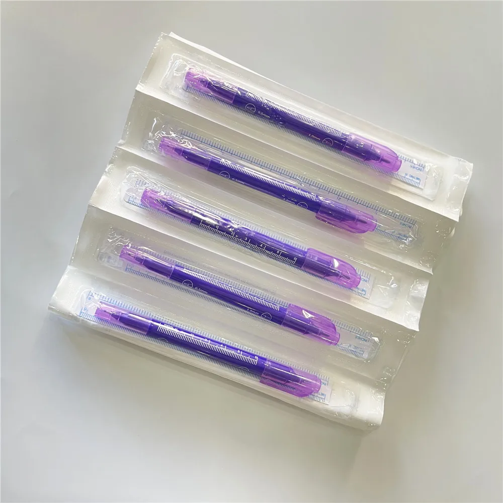 

10 шт. фиолетовый/белый хирургический стерильный маркер для кожи, маркер для микроблейдинга, татуировки, бровей, губ, маркер для кожи с набором измерительных линеек