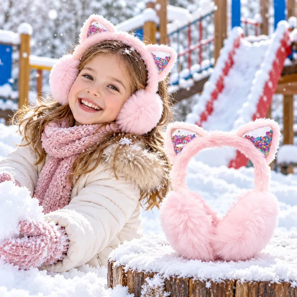 Kids Pink Cat Ear Earmuffs Girls Plush Headband Colorful Star Sequin Ear Muffs Cute Children Winter Outdoor Fashion Accessory